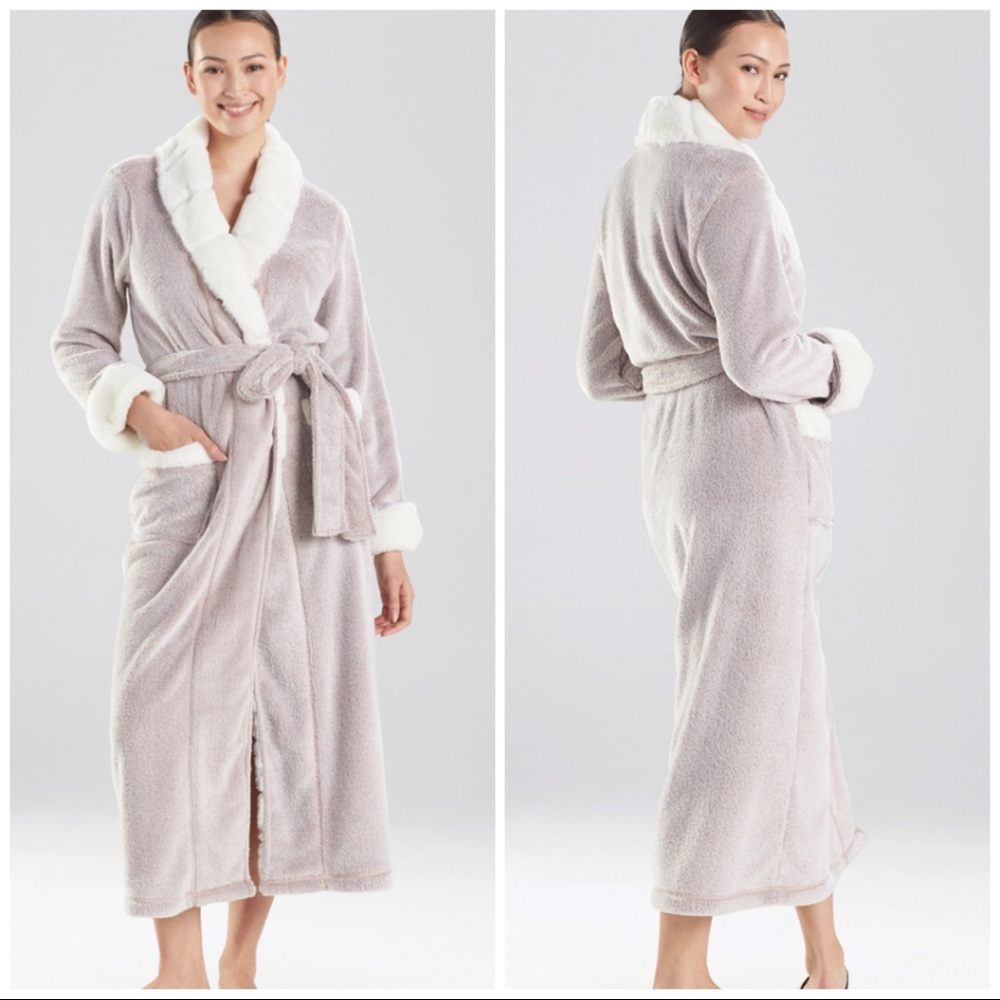 N Natori Womens Medium Plush Tan‎ White Shawl Length Waist Tie Robe